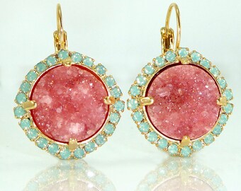 Statement Drop Earrings, Druzy Earrings, Mom, Gemstones Gold Earrings, Dangle Earrings, Pink Druzy Earrings, Druzy Jewelry By Inbal Mishan.