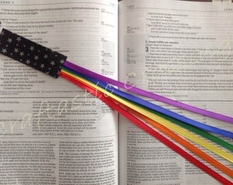Multi page 6 ribbon bookmark for Bible, hymnal, hardcover book RAINBOW