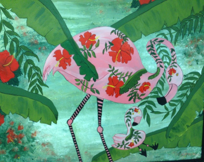 Whimsical Flamingo Mommy and Her Baby Hiding Among the Ferns and Hibiscus