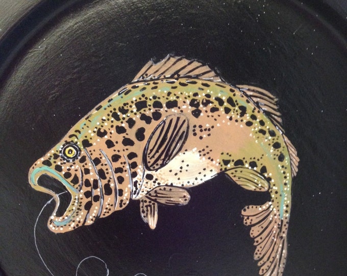 14" Diameter Solid Wood Plate - Bass, Lures and Line painted in Acrylics - To Hang on Your Wall
