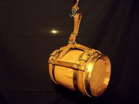 St. Bernard Miniature Whiskey Barrel with leather harness for