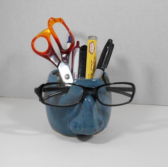 Eyeglass holder desk organizer nose jar bright blue with green
