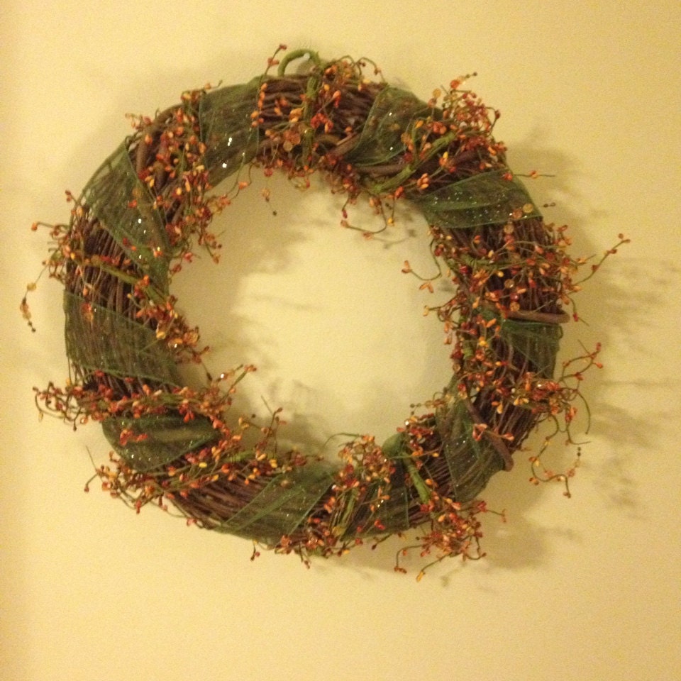 Fall or Holiday Christmas Front door Wreath Glittery Green Ribbon Beads & Berries