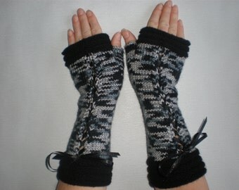 Handknitted rainbow color with black accent color women fingerless gloves / wrist warmers Victorian style
