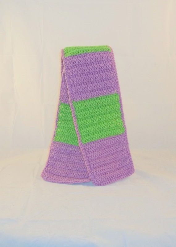 Crocheted Color Block Lime Green and Purple Adult Sized Long Scarf