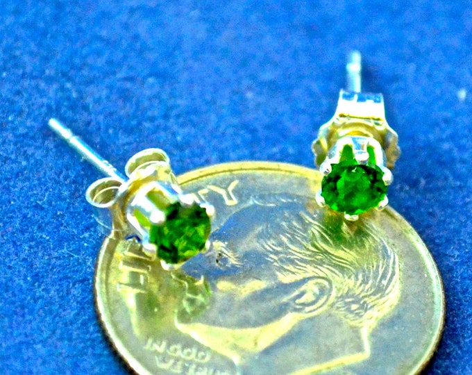 Chrome Diopside Stud Earrings, Petite 3mm Round, Natural, Set in Sterling Silver E554