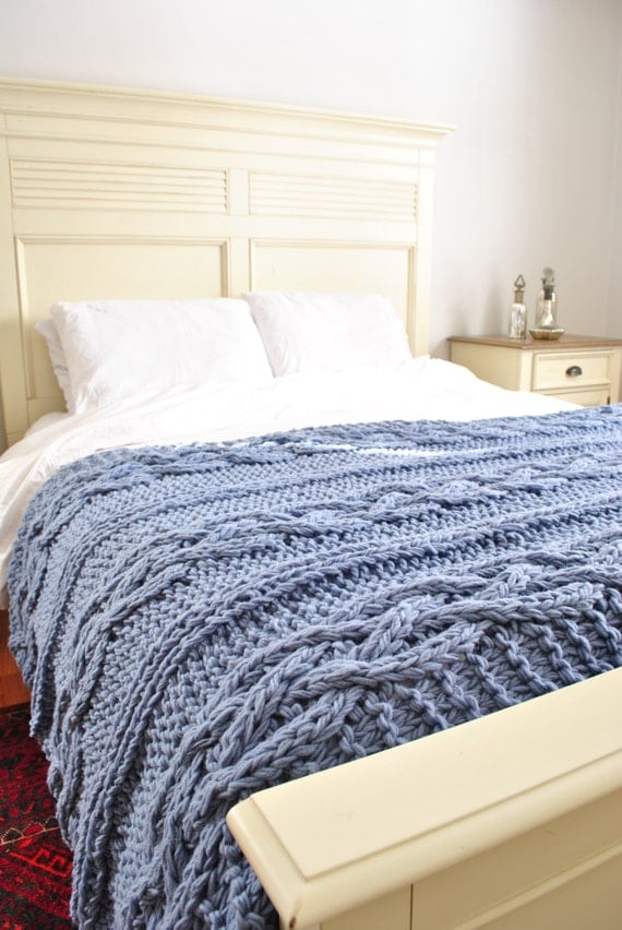 Chunky Cable Knit Blanket in light blue Cabled by CampKitschyKnits