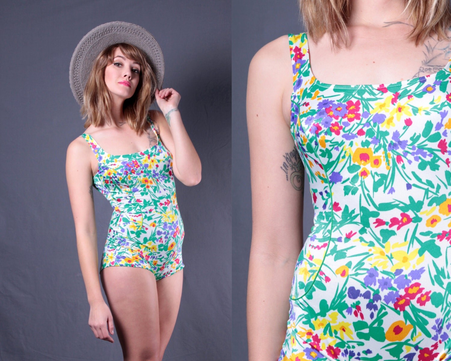 SALE Vintage 60s White Floral One Piece Bathing Suit
