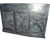 Antique Sideboard Chest Bastar Tribal india dresser console hand Carved furniture Blue Patina