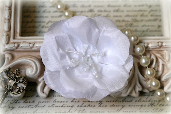 White Fabric Flower with Beaded Center For Headbands, Sashes, Clothing, Crafting etc Approx. 3.5 inches across  FL-112