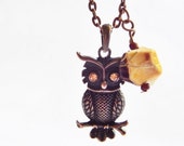 Antique Copper OWL Charm Necklace with Topaz Gemstone Eyes and a Cool Dangle Bead.