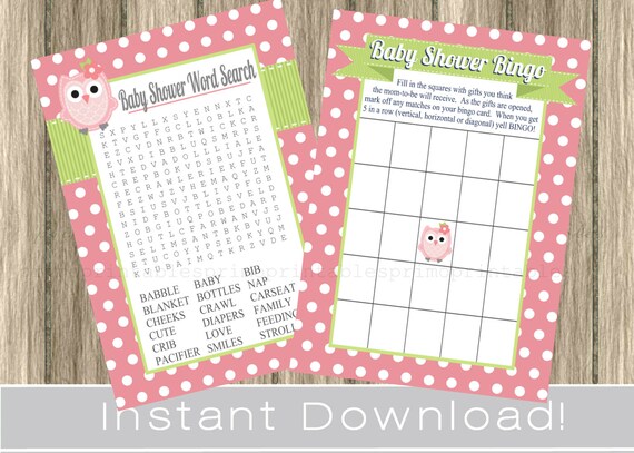 Owl Baby Shower Games Bingo and Word Search Cards , pink and green , INSTANT DOWNLOAD diy digital printable files , girl babyshower Il_570xn