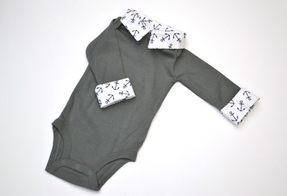 Preppy Baby Boy Onesie, Nautical Green with Navy Anchors, Long Sleeve Button Down with Collar