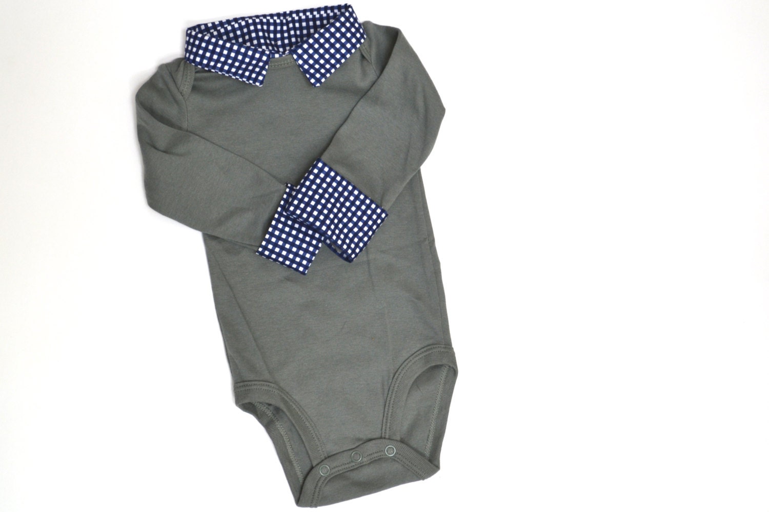 Preppy Baby Boy Onesie Navy Gingham and Olive Green Long