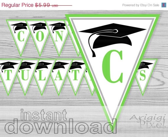 WEEKEND SALE 50% OFF Green Graduation Party Banner, printable, Pdf files, congratulations graduate, graduation cap image, instant download Il_570xn