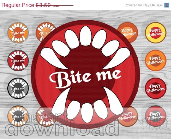 ON SALE 50 % OFF Bite me, Happy Halloween, vampire teeth, printable, party circle, colorful, favor tag, 2 in round, treat bag label, instan Il_570xn