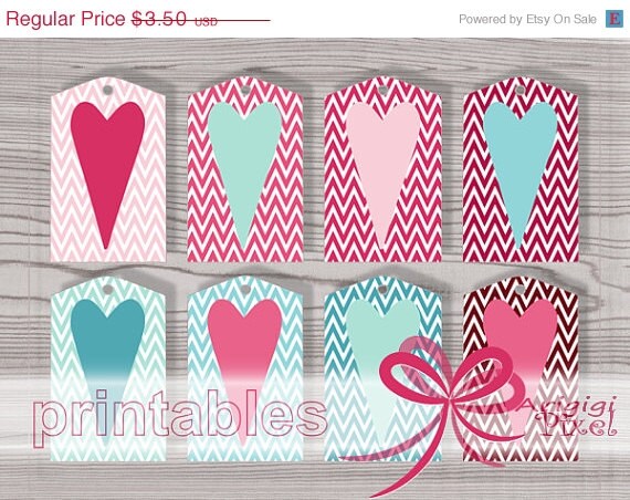 ON SALE 50 % OFF Printable Gift Tags in Pink Turquoise Chevron with Stretched Hearts Png Pdf file instant download Il_570xn