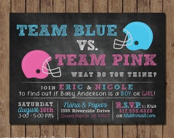 Gender Reveal Football Chalkboard Invitation - PRINTABLE - Team Blue - Team Pink - Choose Digital or Printed w/Envelopes