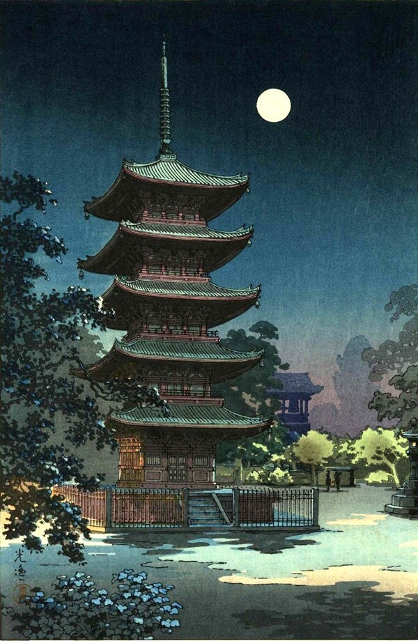 Japanese art Kinryuzan Pagoda Temple night moonlight