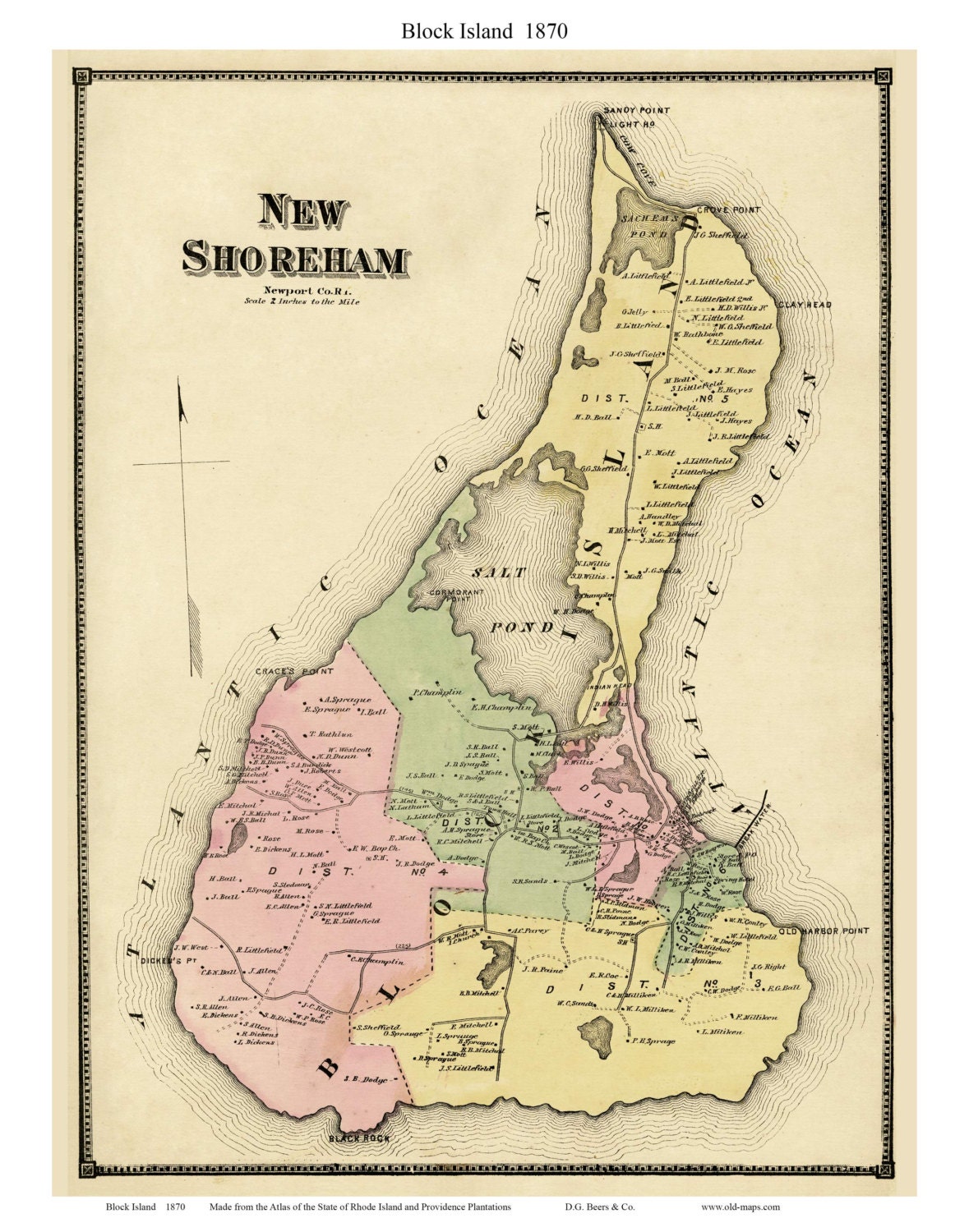 Block Island 1870 Map with homeowners names by D.G. Beers