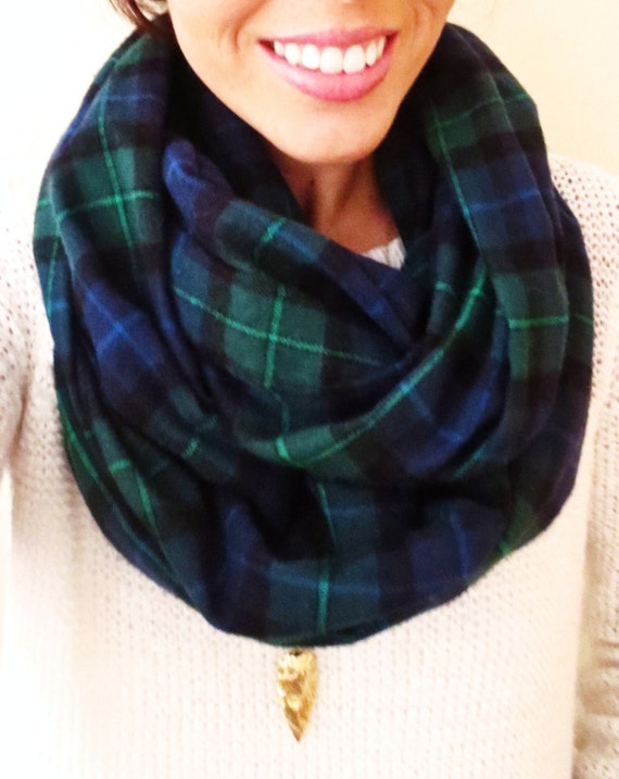Navy and Hunter Green Plaid Infinity Scarf- Flannel Winter Scarf