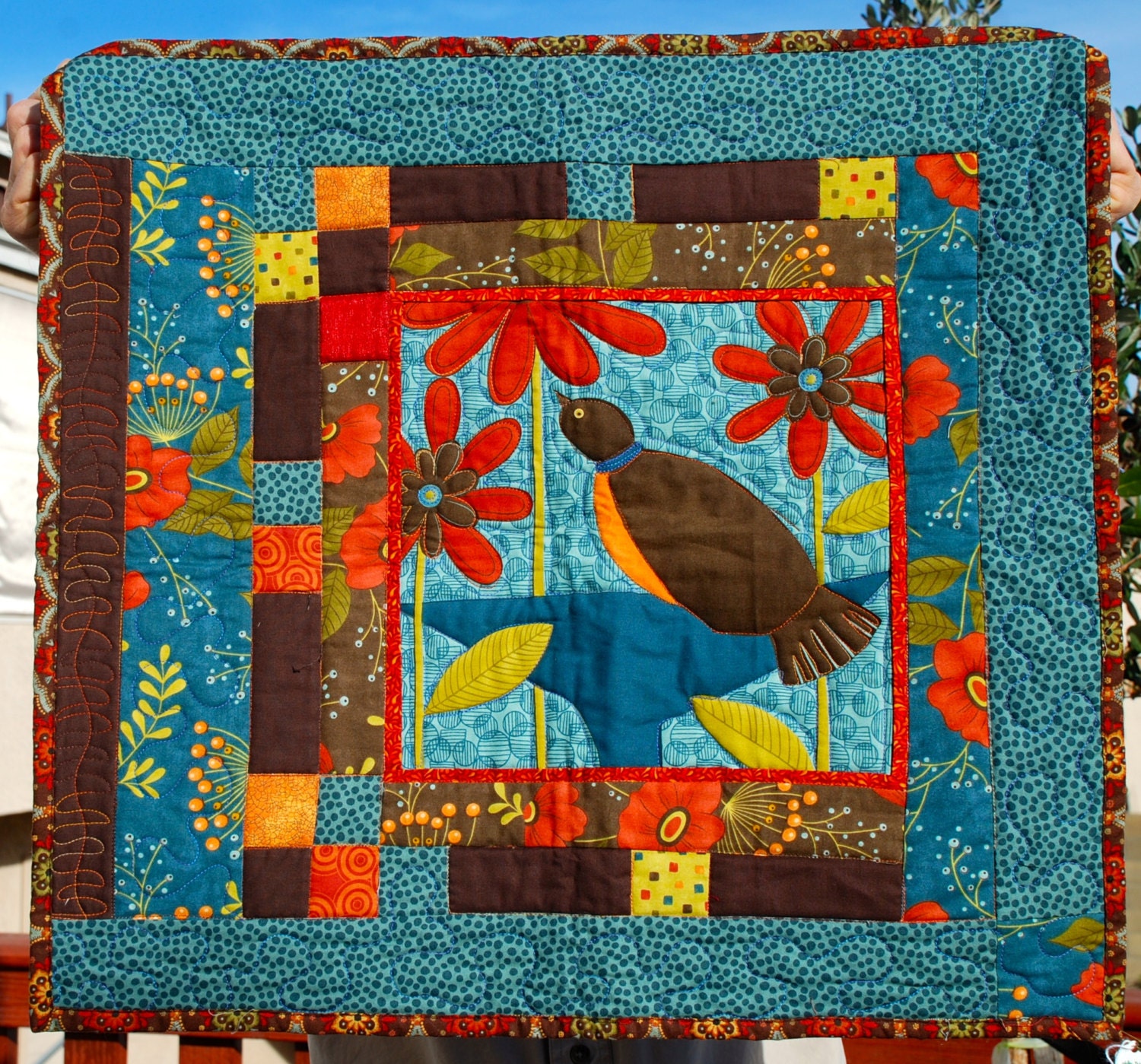 Handmade Folk Art Wall Hanging Brown Bird by SerenityHouseQuilts