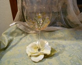 Wildflowers and the Rose Hand Painted Wine Glass, Wine Glass with custom Stem Decor, White, Yellow, Green