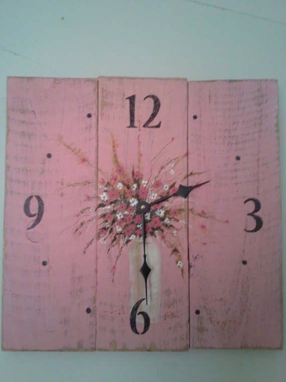 Reclaimed Wood Wall Clock Hand Painted Shabby Chic Floral Painting Wall Decor