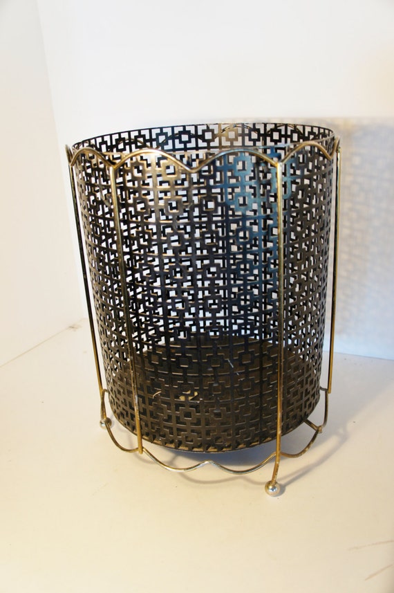 mid century modern trash can perforated black metal with gold