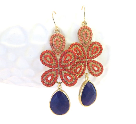 Navy Coral Earrings Gold Earrings Navy Blue Jewelry Coral