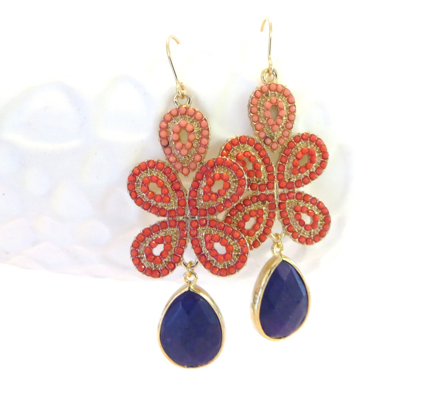 Navy Coral Earrings Gold Earrings Navy Blue Jewelry Coral