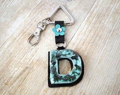 Monogram keychain in leather with handmade ceramic letter initial personalized gift turquoise leather flower