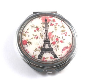 PARIS POCKET MIRROR - Eiffel Tower mirror - pocket mirror - Paris - mirror - purse mirror - Eiffel Tower - pink mirror, pink flowers