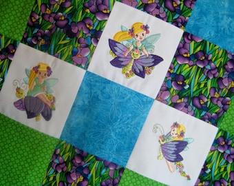MADE TO ORDER Embroidered baby quilt - Fairy Flight - patchwork with butterflies and fairies in purple, aqua and lime green with minky back
