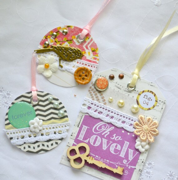Items similar to Embellished Tags, Scrapbooking Tags, Journal Tags