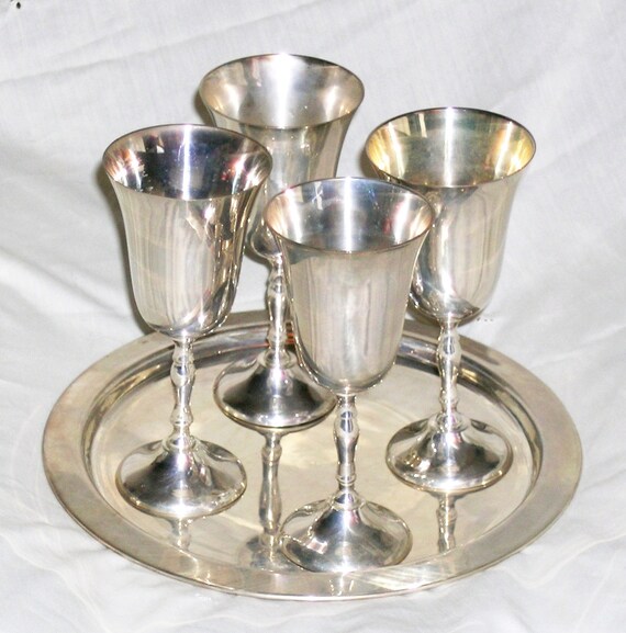 mid century electroplated nickel silver goblets and tray from