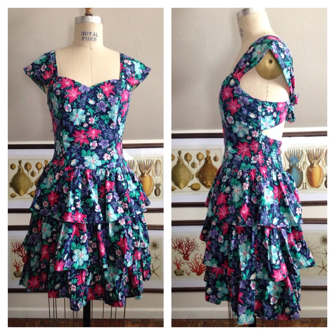 Vintage 1980s Pretty Floral Dress/ Open Back with Tie/
