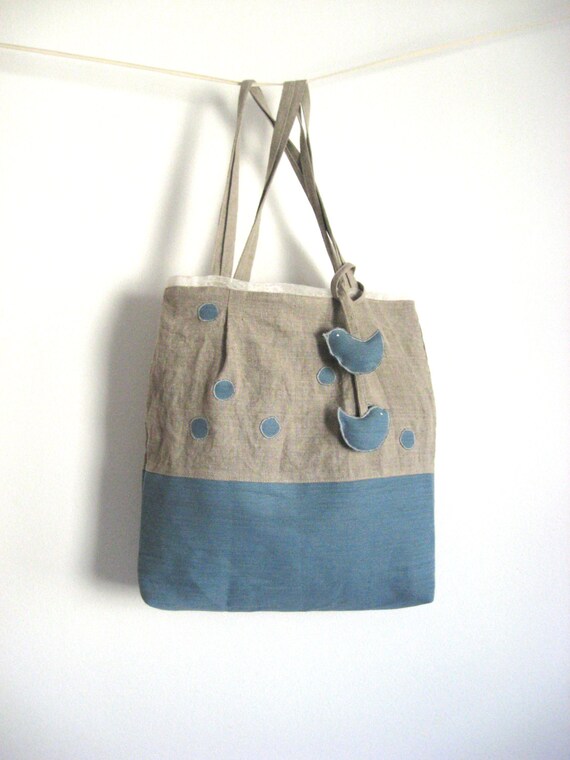 Natural taupe blue rustic linen large polka dot bird tote reusable shoulder diaper market lap top bag,handbag purse Summer  beach fashion