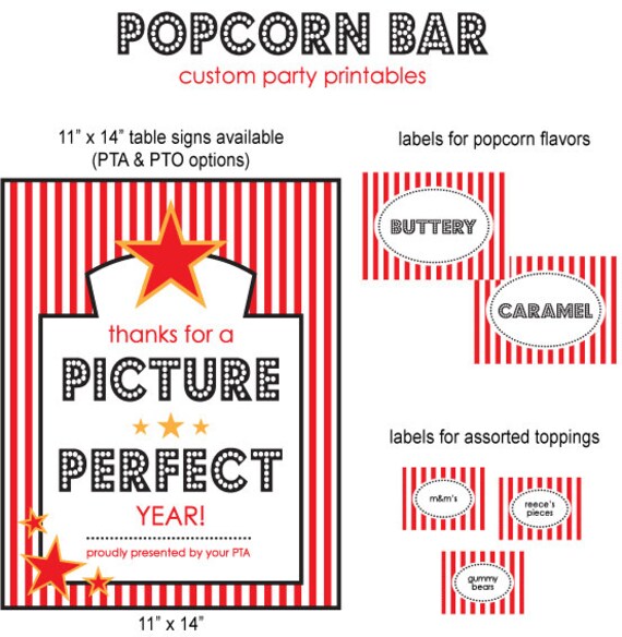 Items similar to CUSTOM "PICTURE PERFECT" Popcorn Bar party printables