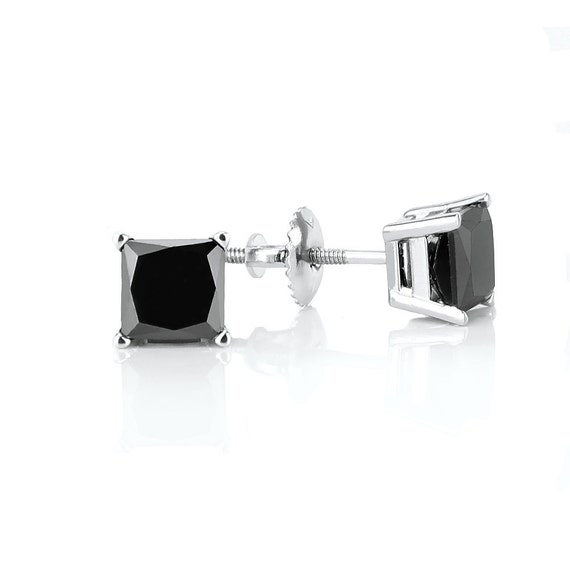 14K Black Diamond Princess Cut Stud Earrings 2.92 carats