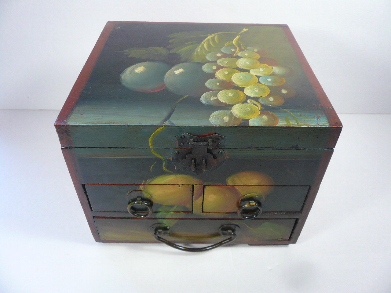 Vintage Large Hand Painted 4 Compartment Wood Jewelry Box with Fruit