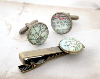 Antique Bronze Tie Clip and Cufflink Set Custom Map Cuff links and Tie Bar Bronze Anniversary Gift for Men Map Cufflink and Tie Clip