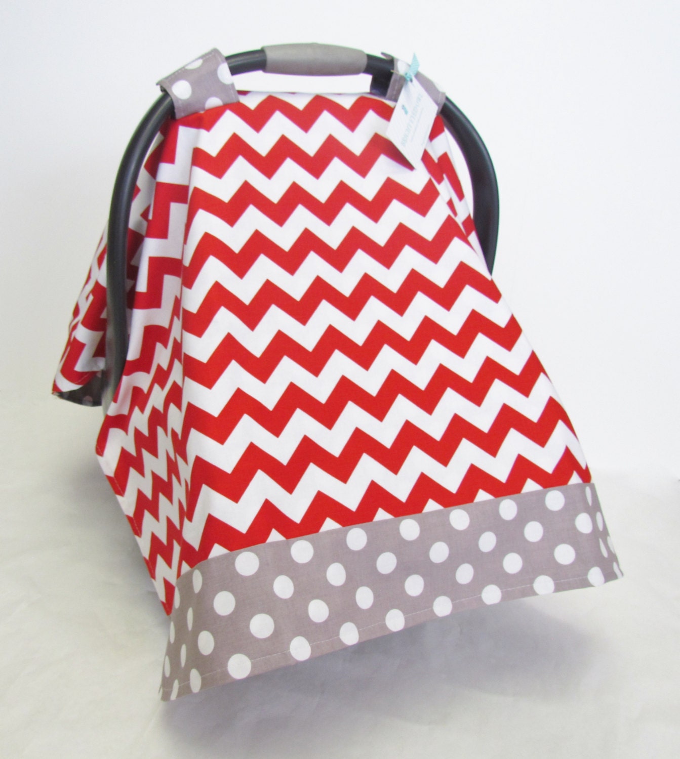 Infant Car Seat Canopy Cover Red and White Chevron and Gray
