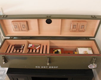 Custom cigar humidors built from repurposed "surplus" military ammo cans, shipping crates and more