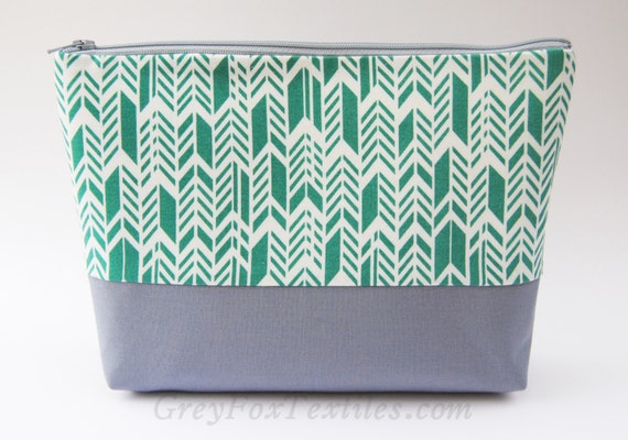 Emerald green chevron, feather, herringbone, arrow print, large cosmetic case, pencil case, makeup bag, zipper pouch, organizer