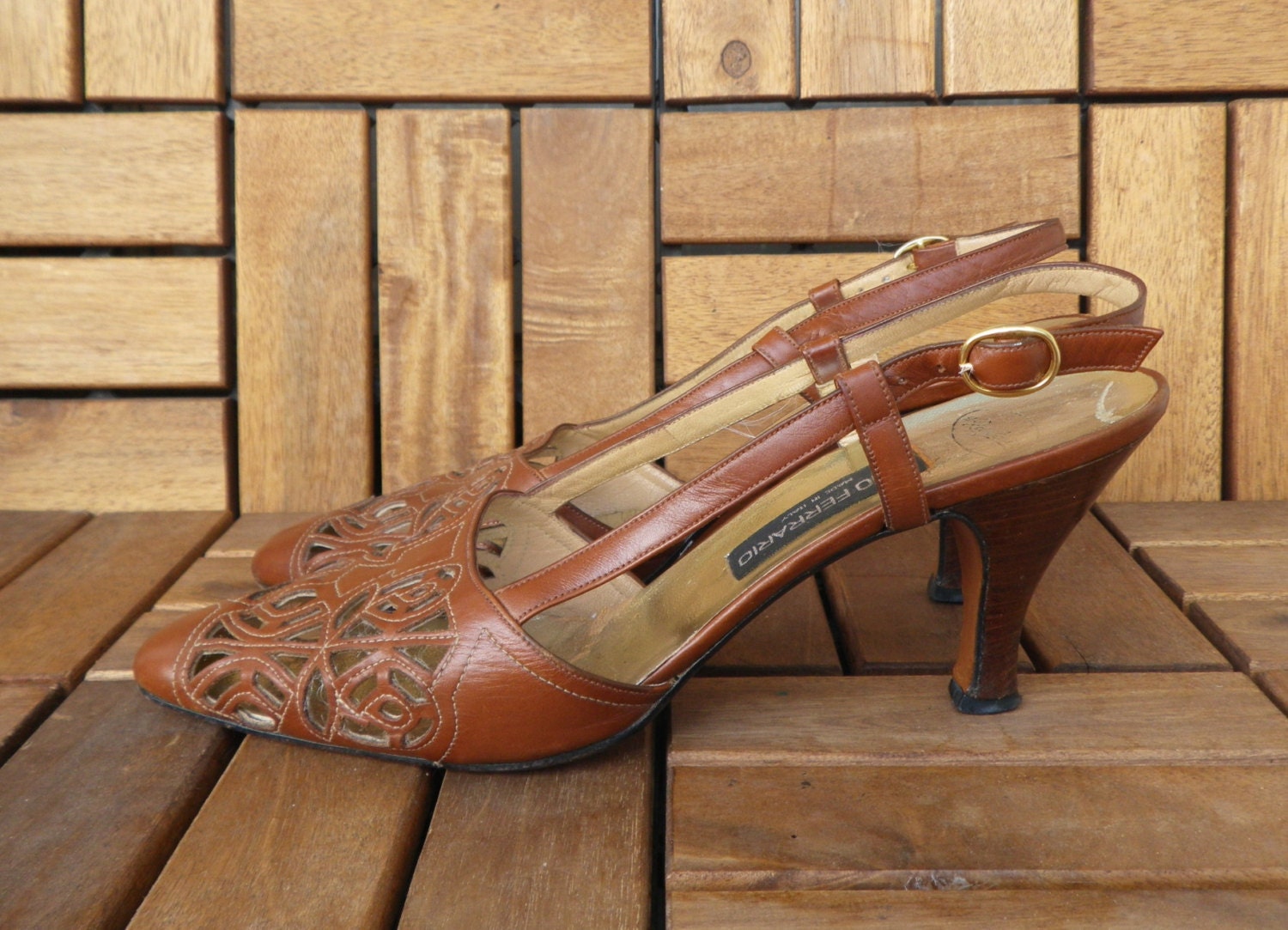 Vintage Lady’s Brown Crafted Leather Low Heel Sandals Sling Back Shoes