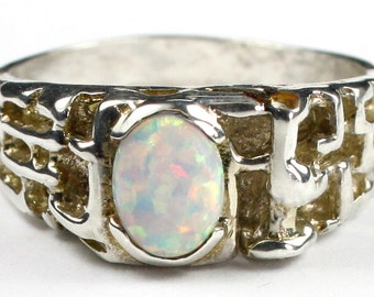 Created White Opal, 925 Sterling Silver Men's Ring, SR197