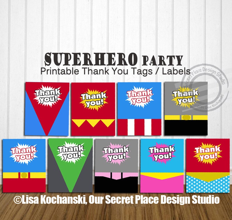 INSTANT DOWNLOAD Printable Superhero Thank You Tags Superhero