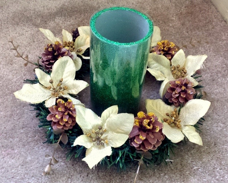 Holiday Floral Candle Ring: Gold Poinsettias, Gold Glitter Acorns, and Faux Pine