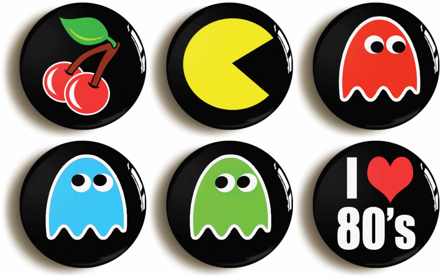 Set Of Six Eighties Retro Pacman Computer Game Badges Buttons Pins Size Is 1inch25mm Diameter 